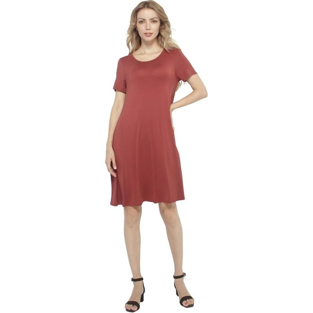 Forever Rose Short Sleeve Rust Red Tunic Dress With Flowy A-Line Fit Size M